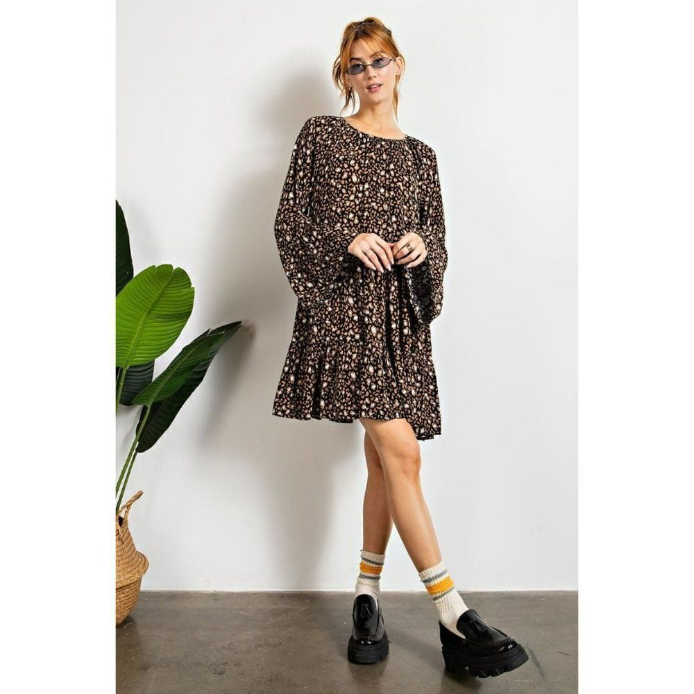 SALE! Easel Black Floral Printed Mock Neck Ruffle Smocked Mini Dress S-L ED18213 - Picture 2 of 6